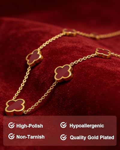 Four Leaf Clover Necklace 18K Gold Plated Necklaces for Women Lucky Flower Pendant Adjustable Link Chain Stainless Steel Dainty Trendy Simple Jewelry Gifts for Women - color: 5G-Red