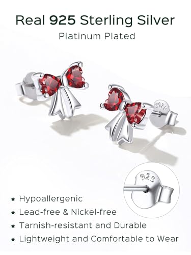 ChicSilver 925 Sterling Silver Bow/Butterfly Earrings for Women Hypoallergenic Birthstone Earrings Dainty Bow/Butterfly Jewelry Gift for Women - color: Bow-January-Garnet