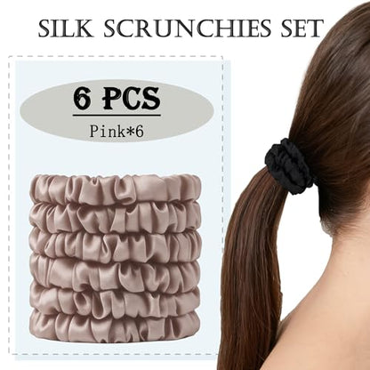 22 Momme 100% Silk Hair Ties, 6PCS No Damage Scrunchies for Women | 100% Pure Mulberry Silk Hair Ties, No Crease No Damage, Soft Gentle for Hair Care, Suitable for Sleeping, Pink - color: Pink*6