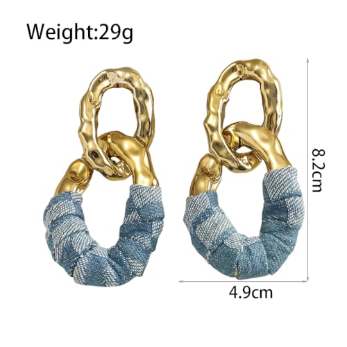 Chunky Gold Acrylic Chain Statement Earrings for Women,Exaggerated Thick Chain Artificial Leather Wrap Dangle Earrings Trendy Geometric Ear Jewelry - color: Denim