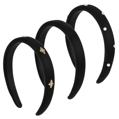 3pcs Non Slip Padded Black Headbands 3 Styles - Black Velvet Headbands For Women - Fashion Stylish Headband For Women With Pearl & Bee Design