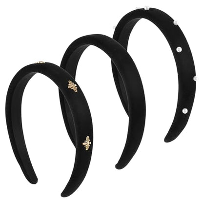 3pcs Non Slip Padded Black Headbands 3 Styles - Black Velvet Headbands For Women - Fashion Stylish Headband For Women With Pearl & Bee Design