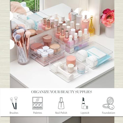 STORi SimpleSort 6-Piece Stackable Clear Drawer Organizer Set | 6" x 6" x 2" Square Trays | Small Makeup Vanity Storage Bins and Office Desk Drawer Dividers | Made in USA - size: 6x6x2"