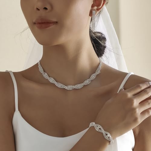 Silver Jewelry Sets for Women Rhinestone Necklace Dangle Earrings Bracelet Set Bridal Wedding Jewelry Sets for Brides Bridemaid Prom Costume Accessories Jewelry - style: Silver Jewelry Set style2