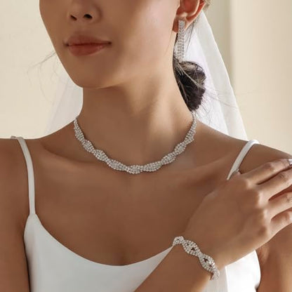 Silver Jewelry Sets for Women Rhinestone Necklace Dangle Earrings Bracelet Set Bridal Wedding Jewelry Sets for Brides Bridemaid Prom Costume Accessories Jewelry - style: Silver Jewelry Set style2