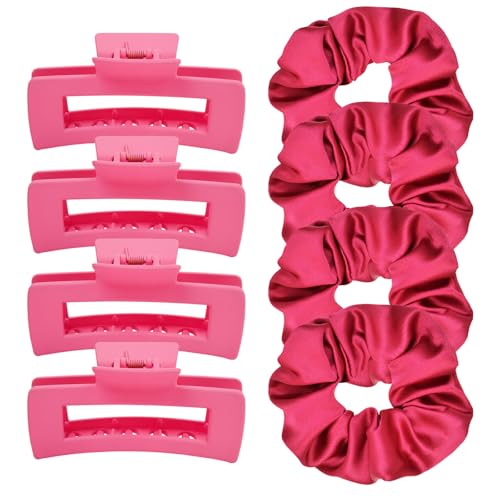 8pcs Hair Clips and Scrunchies Set for Women – 4 Medium Non-Slip Matte Claw Clips, 4 Big Satin Scrunchies for Girls, Hair Accessories for Thick Thin Hair (Hot Pink) - color: Hot Pink