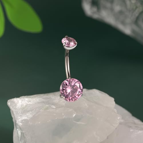 FUNLMO 14G Belly Button Ring Titanium Belly Button Piercing Belly Ring Internally Threaded Navel Piercing Jewelry - color: Silver-Pink CZ