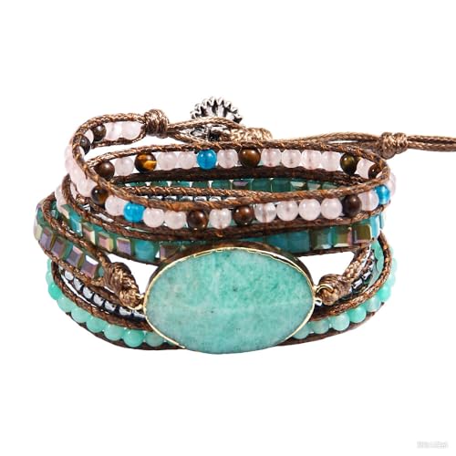 Women Wrap Bracelets Boho Natural Stone Jasper Turquoises Strand Bracelet Jewelry Collection - color: Amazonite