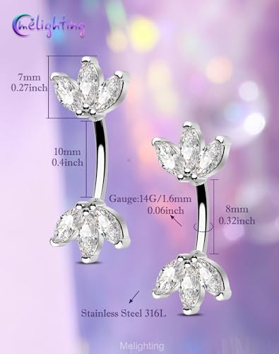 Melighting 14G Gold Lotus Belly Button Ring, Double CZ Navel Ring 316L Surgical Stainless Steel Marquise 5A CZ Steel Belly Bar 8 mm/10 mm - color: Steel, size: 14g10mm