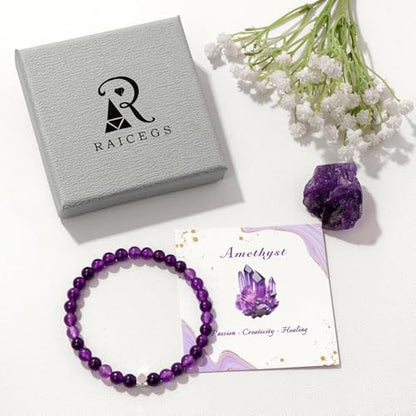 Raicegs 4 6 8MM Beaded Bracelets Healing Crystal Bracelet for Women Men Natural Stone Handmade Stretch Bracelet Reiki Spiritual Jewelry - color: Amethyst, size: 6mm
