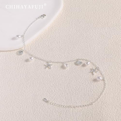Sterling Silver Ankle Bracelets for Women 14k Gold Plated Waterproof Dainty Layered Stackable Seashell Pearl Charm Non Tarnish Adjustable Anklet for Summer Beach Jewelry Gift - color: Silver3