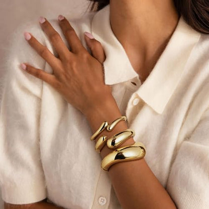 M MOOHAM Chunky Gold Bangle Bracelets for Women, Dainty 14k Gold-Plated Thicker Statement Bangles Twist Cuff Bracelet Set Stack for Women Non Tarnish Trendy Jewelry Gifts - color: 04. Wave & Drops Bangles-3PCS