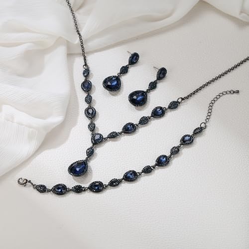 EleQueen Women's Wedding Bridal Jewelry Sets for Brides Bridesmaids, Cubic Zirconia Teardrop Necklace Tennis Bracelet Dangle Earrings Jewellery Set - color: 12-Sapphire Color Black-Tone