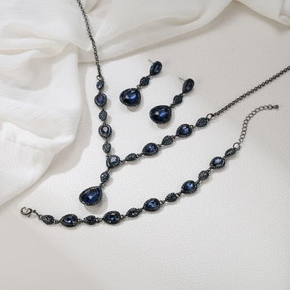 EleQueen Women's Wedding Bridal Jewelry Sets for Brides Bridesmaids, Cubic Zirconia Teardrop Necklace Tennis Bracelet Dangle Earrings Jewellery Set - color: 12-Sapphire Color Black-Tone