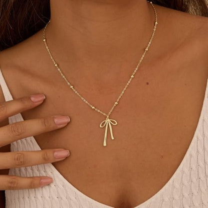 Thaivor Necklace for Women Dainty Bow Necklace 14K Gold Plated Cute Choker Small Pendant Charm Necklaces Teen Gift Trendy Stuff Personalized Jewelry Gifts - color: Gold-Bead-5