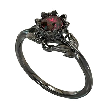 Cubic Zirconia Rings For Women, Gothic Ring Black Flower Crystal Stackable Trendy Floral Eternity Travel Engagement Statement Wedding Birthday Jewelry Gift - color: Goth Black Red