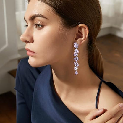 Crysdue Clip On Earrings for Women Rhinestone Crystal Teardrop Cluster Wedding Bridal Non Pierced Long Dangle Earring for Prom Party - color: Light Purple Silver-Tone