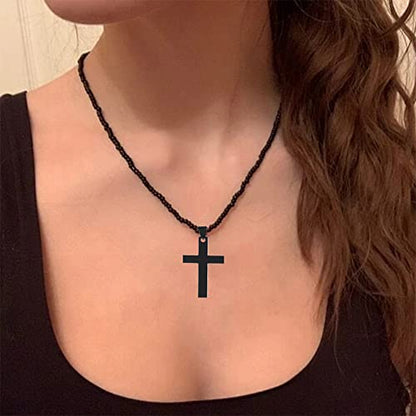 Small Dainty Cross Necklace Pendant Bohemian Turquoise Seed Bead Beaded Necklace Choker for Women Men Faith Jewelry Gift - color: 02 Black