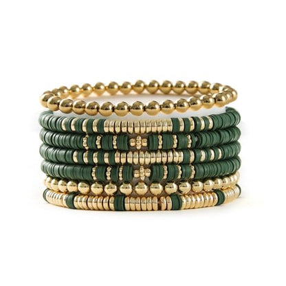 Heishi Clay Bead Bracelets Pack for Women Boho Friendship Stretch Bracelets Set Stackable Gold Beads Bracelets Jewelry for Gift - color: green