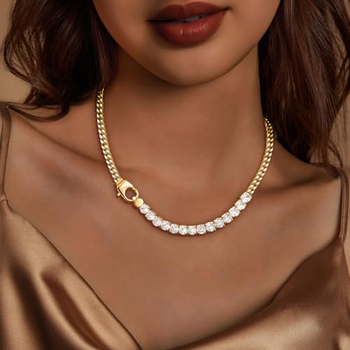IMBOS 14K Gold Plated Chunky Chain Choker Necklaces for Women Chunky Gold Necklace Tennis Necklace for Women CZ Love Chain Cuban Link Choker Jewelry Gifts - color: Gold-Chunky Tennis
