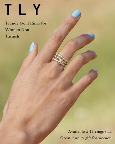 TLY Stackable Gold Rings for Women Interlocking Ring Stack Set non tarnish | 18K Gold Silver Plated Mixed Metal Statement Rings Waterproof Cubic Zirconia Fashion Connected Band Thumb Ring Size 4-11 - color: 03.Solarium set (two silver rings)