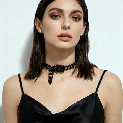 CJIAYUJEW Chunky Gold & Silver Cuban Chain Choker & Belt Necklaces for Women & Men - Punk Style Thick Link Belts - color: black