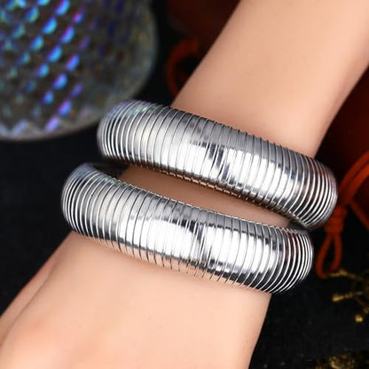 Gold Chunky Stretch Snake Chain Bangle Bracelets Stack for Women Trendy, 18K Gold Filled Stainless Steel Stretchy Womens Stackable Wristband Bangles Bracelet Set - style: SILVER 20MM 2PCS