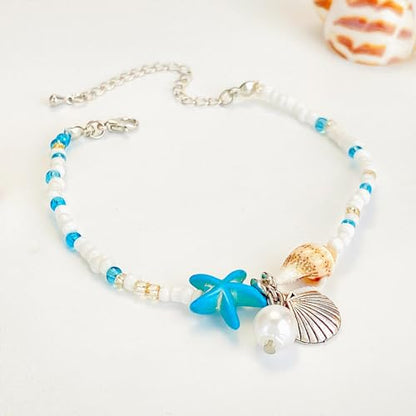 Beach Puka Shell Anklet for Women Waterproof Beaded Ankle Bracelets Adjustable Starfish Seashell Pearl Foot Chain Boho Jewerly Present for Summer Beach Party - color: white