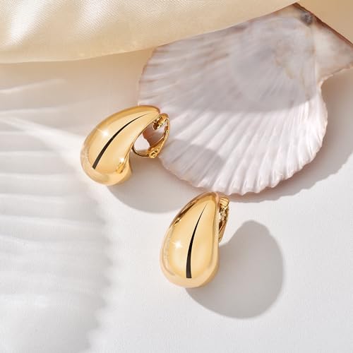 Clip on Earrings Women, 14K Gold Hoop Clip-On Earrings for Women, Hypoallergenic Non Pierced Croissant Earrings - color: Gold Teardrop