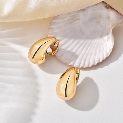 Clip on Earrings Women, 14K Gold Hoop Clip-On Earrings for Women, Hypoallergenic Non Pierced Croissant Earrings - color: Gold Teardrop