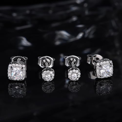 18K Gold Plated Halo Stud Earrings 925 Sterling Silver Cubic Zirconia Stud Earrings Round Square Diamonique Stud Earrings Set for Women Men - color: Silver2