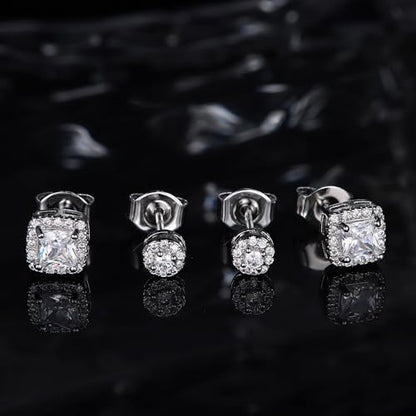 18K Gold Plated Halo Stud Earrings 925 Sterling Silver Cubic Zirconia Stud Earrings Round Square Diamonique Stud Earrings Set for Women Men - color: Silver2