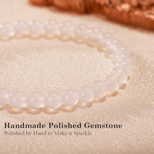 Agate Round Beaded Bracelet for Women Men Natural Agates Stone Healing Bracelets Stretch Elastic Handmade Polished Gemstone Beads Bracelet - color: White, size: 6mm Beads