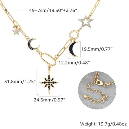 Charm Necklace for Women Gold Evil Eye Sun Moon Flower Coin Pendant Necklace Dainty Paperclip Chain Vintage Luck Amulet Choker Necklaces Celestial Jewelry Gift - style: Black Celestial Charms