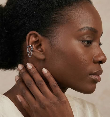 Reffeer Solid 925 Sterling Silver Minimalist Cuff Earrings Chain for Women Cartilage Wrap Earrings Helix Cuffs - color: C-Black Gold
