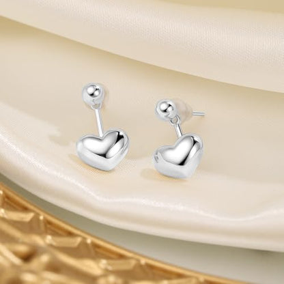 Simple Cute Small Heart Drop Dangle Earrings for Women | 925 Sterling Silver Post, 14K Gold or Silver Plated, Mini Ball Stud Ear Jacket Earrings, Hypoallergenic Heart Earrings - color: Silver