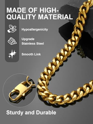 Stainless Steel Mens Cuban Link Chains, Daily Wear Hip Hop Miami Necklace | 3/6/9/12mm Silver/Gold Plated/Black necklace with Gift Box, No Tarnish, Sweatproof & Waterproof, Hypoallergenic Men Chains - color: C-12mm-gold plated, size: 18 inch