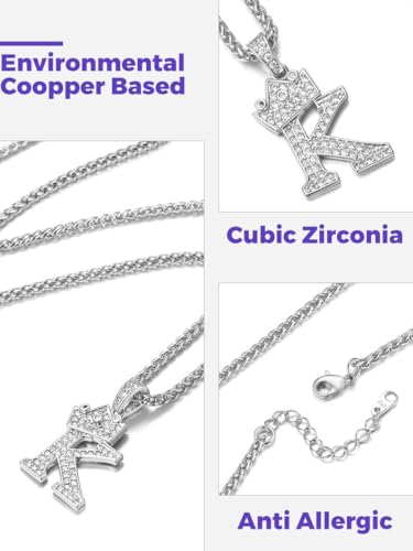 Richsteel Silver Crown Initial A-Z Letter Pendant Necklace for Men Women | Cubic Zirconia Monogram, 316L Steel Chain, 22" + 2" Extender,Hypoallergenic,Gift Box, Hip Hop Jewelry - style: K