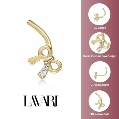 Lavari Jewelers 20 Gauge Curved Screw Nose Stud for Women - 14k Yellow Gold Cubic Zirconia Nose Ring for Her - CZ Unisex Hypoallergenic Nostril Piercing Jewelry - 20G Body Piercing for Men - style: Bow Tie Ribbon