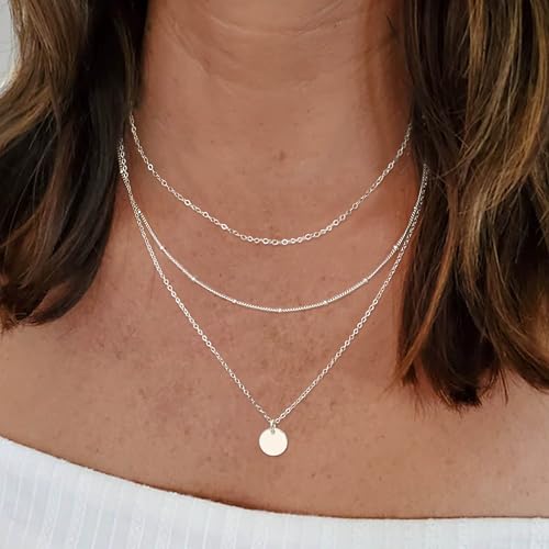 Aisansty Dainty Layered Choker Necklaces Handmade Coin Tube Star Pearl Pendant Multilayer Adjustable Layering Chain Gold Plated Necklaces Set for Women - color: Silver, style: Silver-Layered Disc