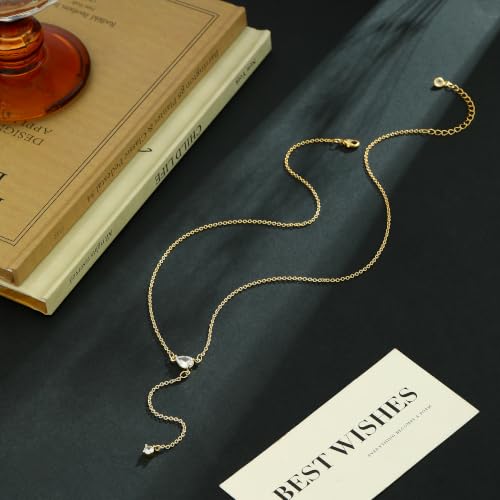 Lariat Gold Necklace for Women Dainty Long Necklaces 14k Gold Plated CZ Y Drop Chain Necklace Trendy Gold Jewelry Gifts - color: 1 Teardrop Zircons-Y Necklace-gold-396