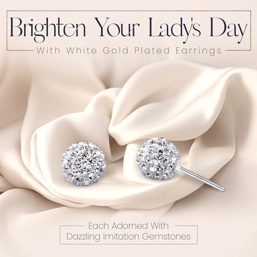 925 Sterling Silver Woman Earrings with Box Disco Ball White Crystals Dangle Hook Stud Earrings for Women - size: 8 mm