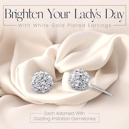 925 Sterling Silver Woman Earrings with Box Disco Ball White Crystals Dangle Hook Stud Earrings for Women - size: 8 mm