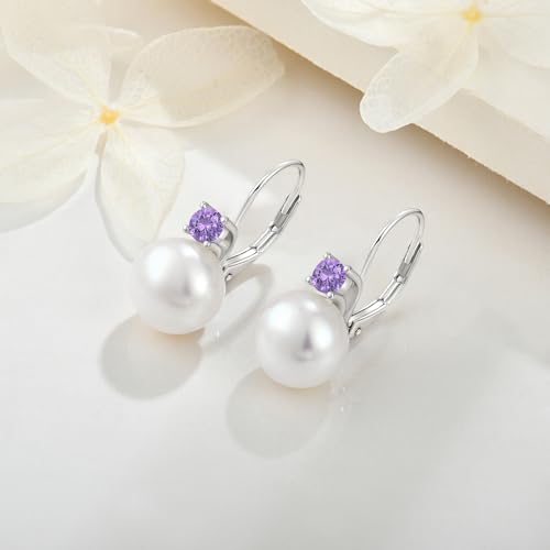 JO WISDOM 925 Sterling Silver Cubic Zirconia Freshwater Cultured Pearl Drop & Dangle Leverback Earrings - color: 10mm,amethyst color