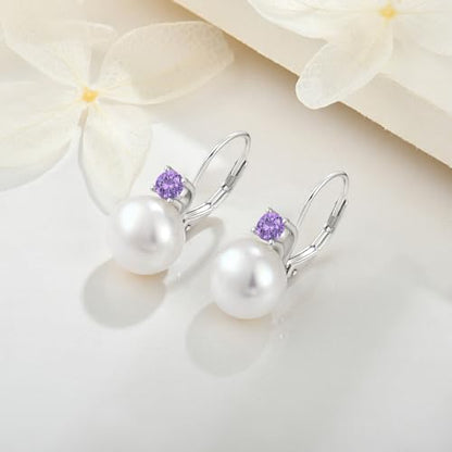 JO WISDOM 925 Sterling Silver Cubic Zirconia Freshwater Cultured Pearl Drop & Dangle Leverback Earrings - color: 10mm,amethyst color