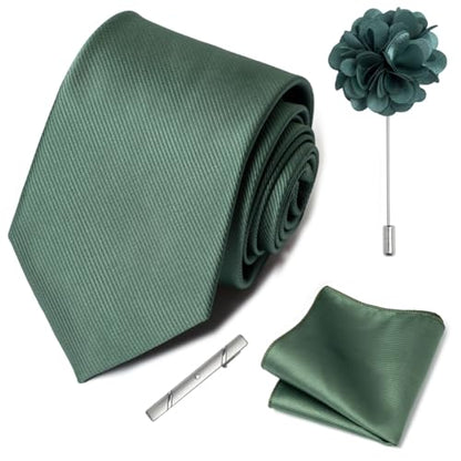 joy alice 30 Colors Solid Ties for Man Pure Color Men's Tie Set with Lapel Pin Pocket Square Tie Clip - color: Dark Green02