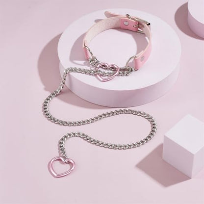 Slip Chain Necklace with Leather Choker Stainless Steel Cuban Link Long Lariat Necklace Punk Rock Heart Chain Necklace Handmade Collar for Women - color: Pink&Silver