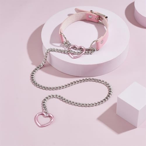 Heart O Ring Slip Chain Choker Necklace for Women Men Stainless Steel Cuban Chain Y-shape Necklaces Punk Rock Collar Adjustable Lariat Y Necklace Prom Necklaces Jewelry - color: Pink leather