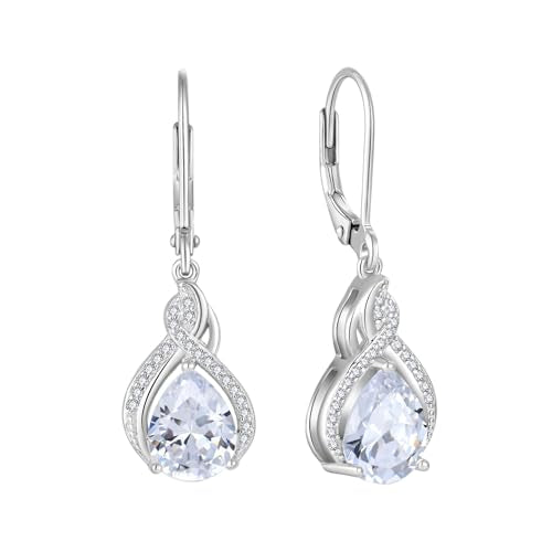 925 Sterling Silver Infinity Teardrop Earrings for Women | Lwsary Dangle Drop Leverback Earrings, Pear Shaped Birthstone Jewelry for Her - color: Clear White