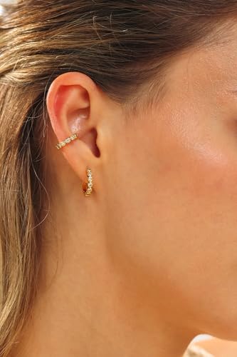 Round Huggie Ear Cuff Gold Earrings for Women | 18K Gold Plated Cubic Zirconia Sparkling | Clip On Cartilage| Simulated Diamond Bezel-Set CZ Huggie Hoop Earrings - color: Cuffs - Yellow Gold